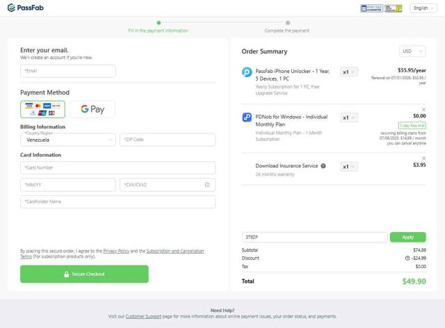 PassFab checkout page showing PassFab promo code box | Screenshot taken by SimplyCodes community member on Jul 1, 2025