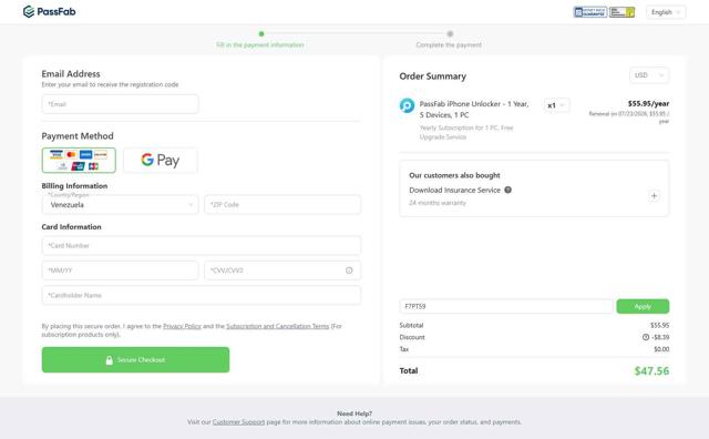 PassFab checkout page showing PassFab promo code box | Screenshot taken by SimplyCodes community member on Jul 23, 2025
