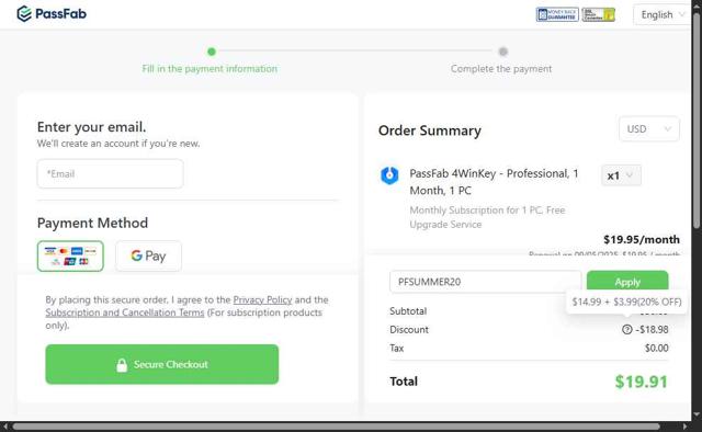 PassFab checkout page showing PassFab promo code box | Screenshot taken by SimplyCodes community member on Aug 5, 2025