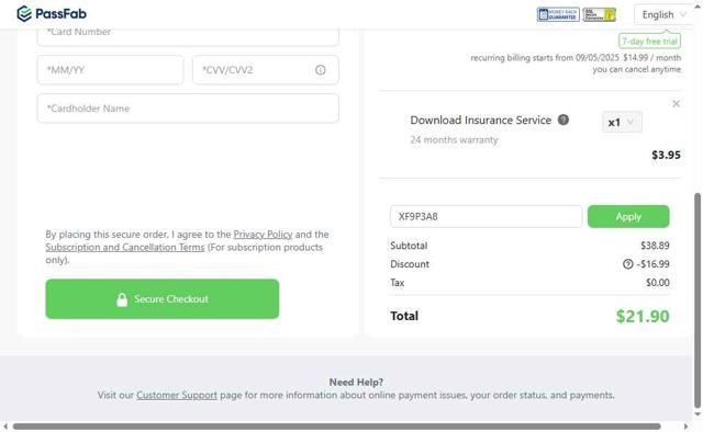 PassFab checkout page showing PassFab promo code box | Screenshot taken by SimplyCodes community member on Aug 29, 2025
