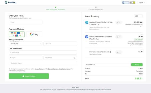 PassFab checkout page showing PassFab promo code box | Screenshot taken by SimplyCodes community member on Sep 3, 2025