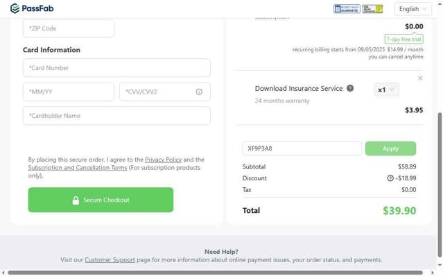 PassFab checkout page showing PassFab promo code box | Screenshot taken by SimplyCodes community member on Aug 29, 2025