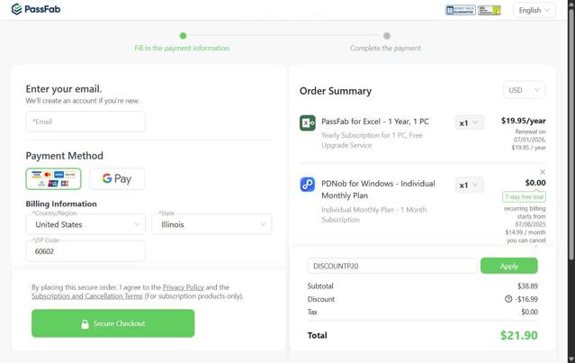 PassFab checkout page showing PassFab promo code box | Screenshot taken by SimplyCodes community member on Jul 1, 2025