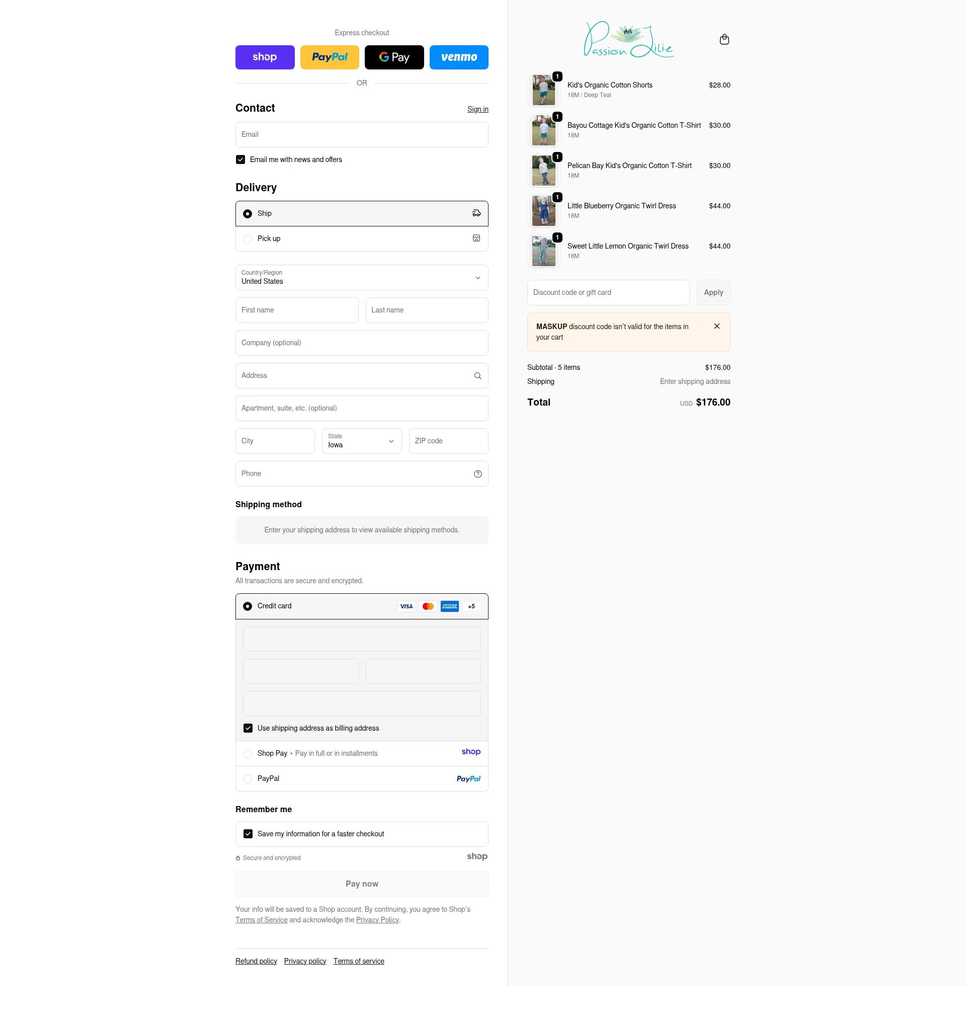Passion Lilie checkout page showing Passion Lilie promo code box | Screenshot taken by SimplyCodes community member on Dec 28, 2025