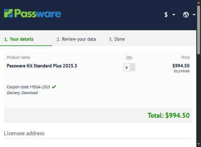 Passware checkout page showing Passware coupon code box | Screenshot taken by SimplyCodes community member on Jul 30, 2025
