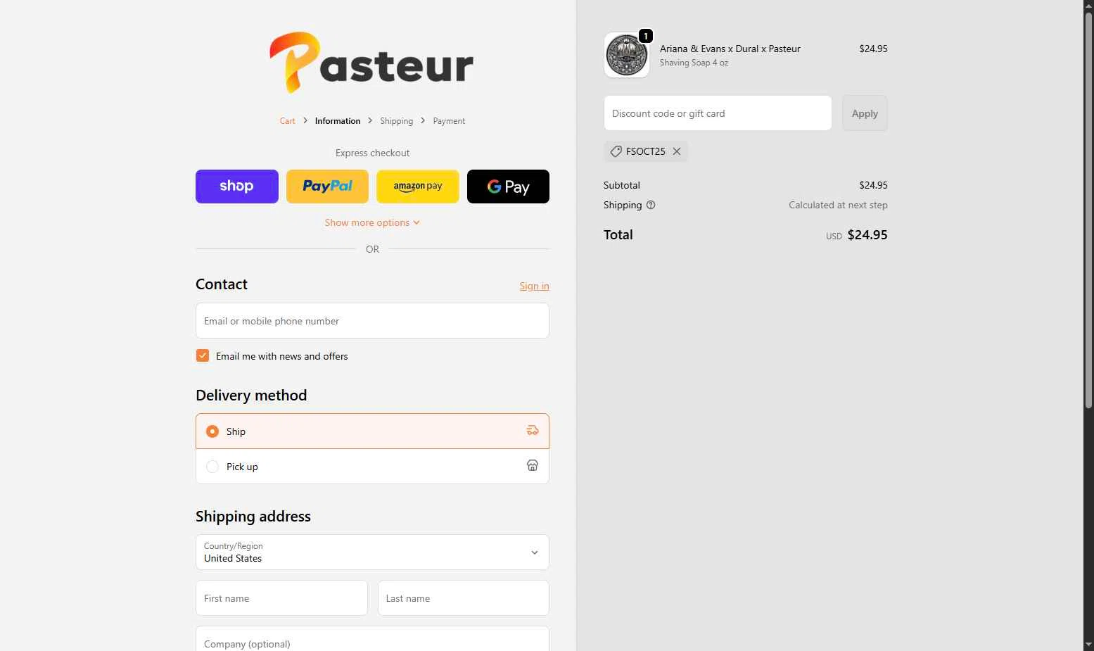Pasteur Pharmacy checkout page showing Pasteur Pharmacy discount code box | Screenshot taken by SimplyCodes community member on Oct 10, 2025