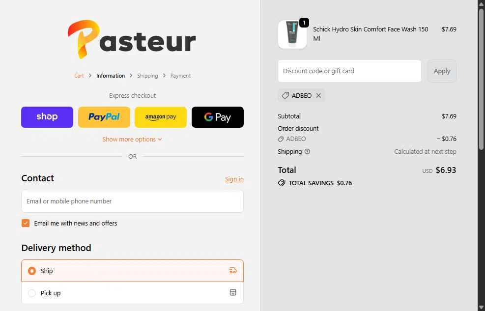 Pasteur Pharmacy checkout page showing Pasteur Pharmacy discount code box | Screenshot taken by SimplyCodes community member on Dec 15, 2025