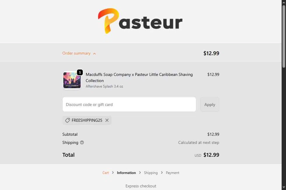Pasteur Pharmacy checkout page showing Pasteur Pharmacy discount code box | Screenshot taken by SimplyCodes community member on Oct 6, 2025