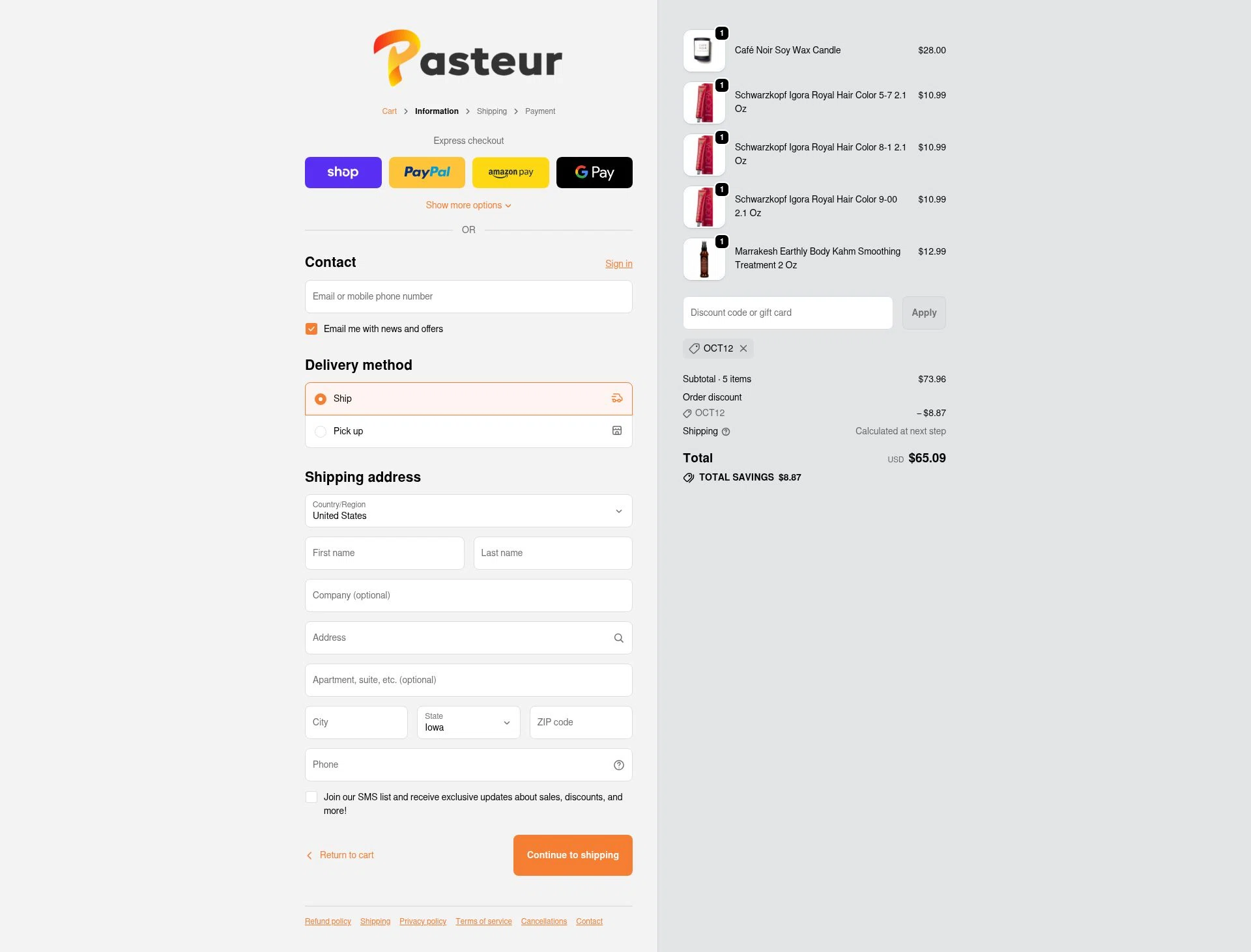 Pasteur Pharmacy checkout page showing Pasteur Pharmacy discount code box | Screenshot taken by SimplyCodes community member on Oct 22, 2025