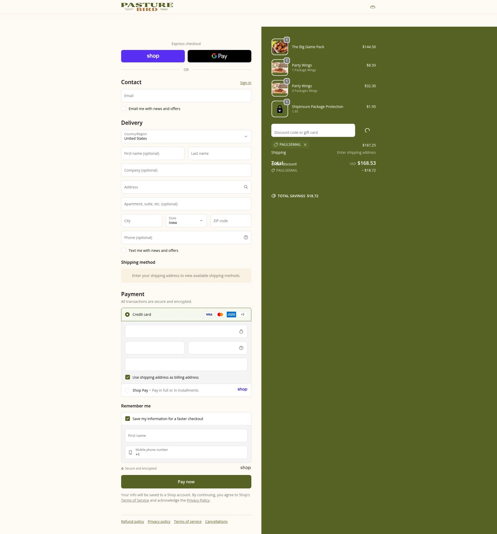 Pasturebird checkout page showing Pasturebird discount code box | Screenshot taken by SimplyCodes community member on Jan 4, 2026