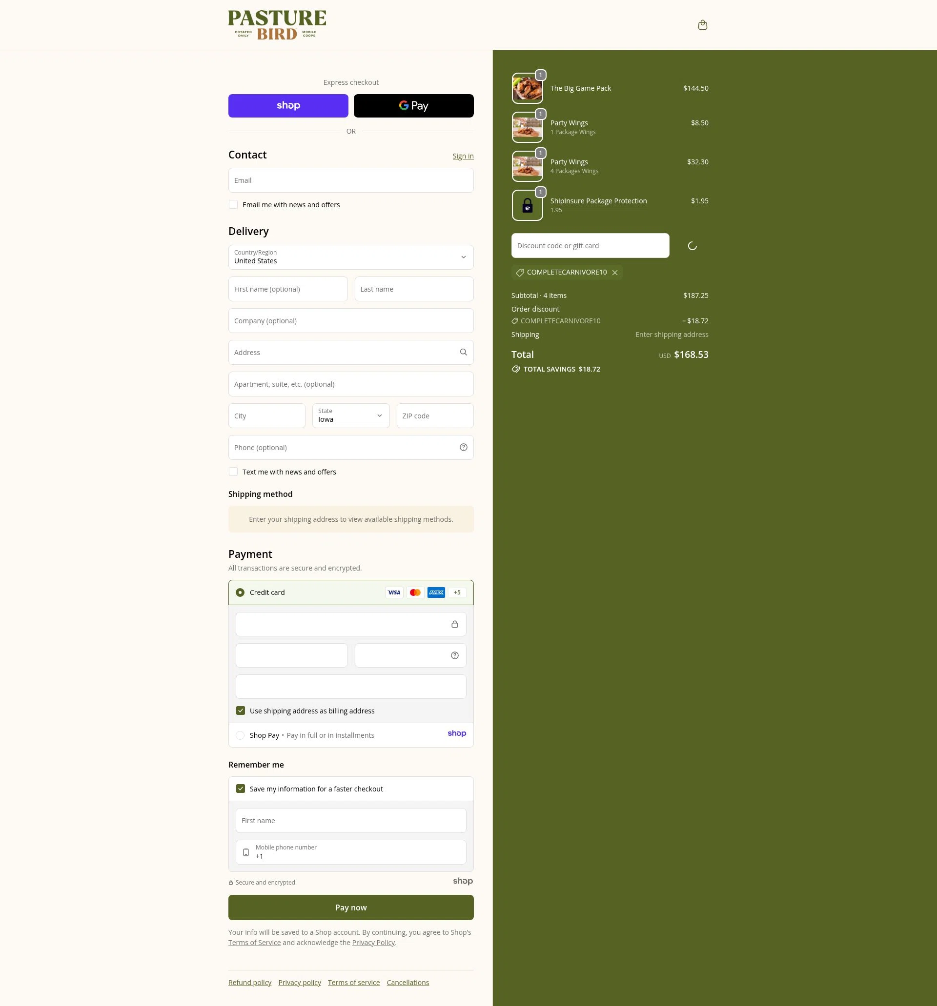 Pasturebird checkout page showing Pasturebird discount code box | Screenshot taken by SimplyCodes community member on Jan 4, 2026