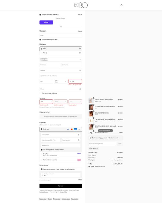 PatBO checkout page showing PatBO promo code box | Screenshot taken by SimplyCodes community member on Sep 11, 2025