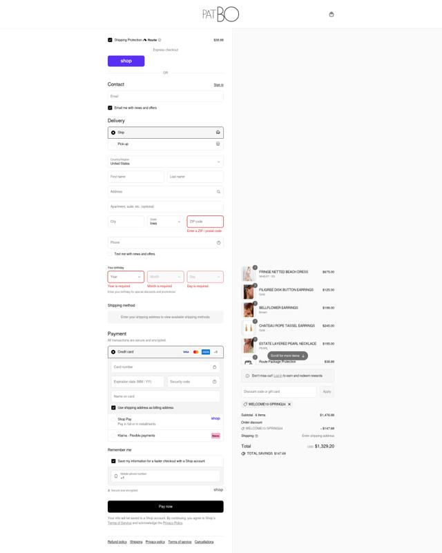 PatBO checkout page showing PatBO promo code box | Screenshot taken by SimplyCodes community member on Sep 11, 2025