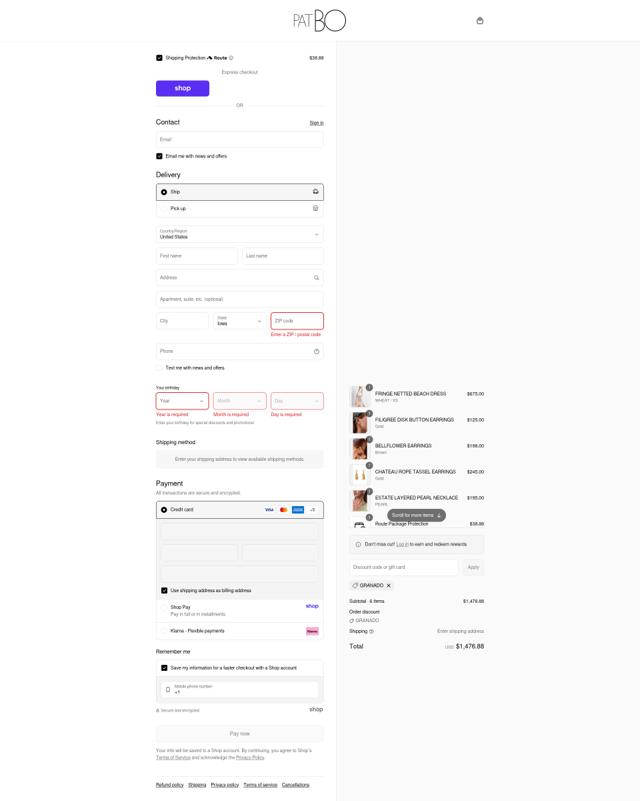 PatBO checkout page showing PatBO promo code box | Screenshot taken by SimplyCodes community member on Sep 11, 2025