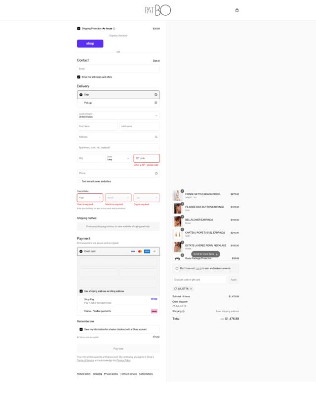 PatBO checkout page showing PatBO promo code box | Screenshot taken by SimplyCodes community member on Sep 11, 2025