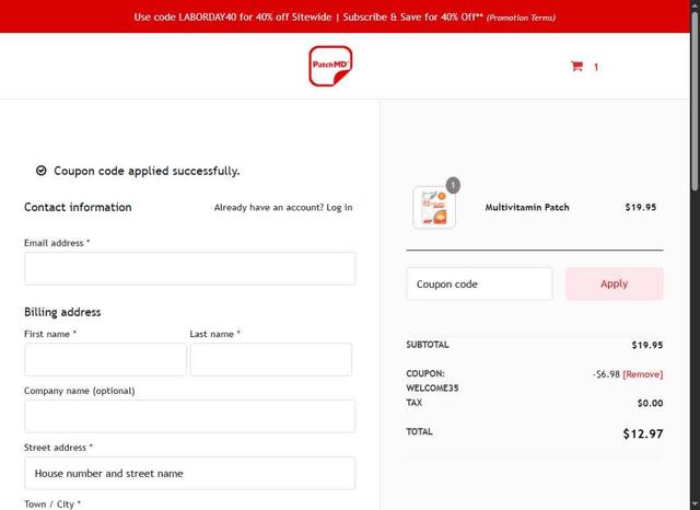 PatchMD checkout page showing PatchMD coupon code box | Screenshot taken by SimplyCodes community member on Aug 30, 2025