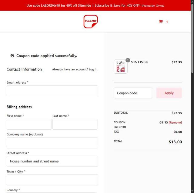 PatchMD checkout page showing PatchMD coupon code box | Screenshot taken by SimplyCodes community member on Aug 30, 2025