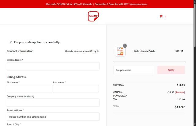 PatchMD checkout page showing PatchMD coupon code box | Screenshot taken by SimplyCodes community member on Aug 20, 2025