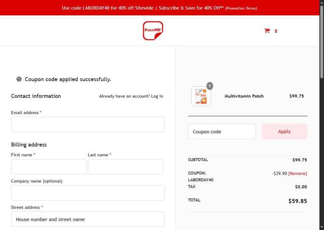 PatchMD checkout page showing PatchMD coupon code box | Screenshot taken by SimplyCodes community member on Aug 26, 2025