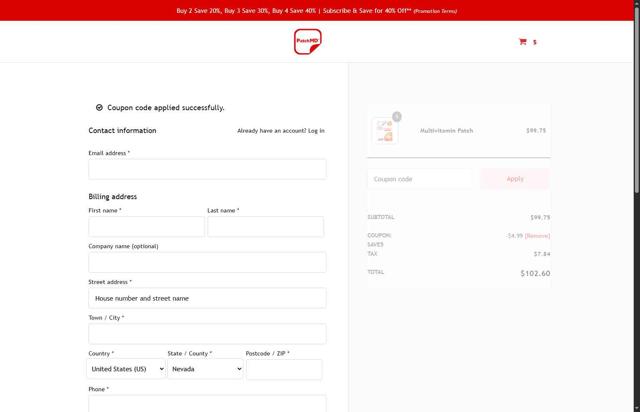 PatchMD checkout page showing PatchMD coupon code box | Screenshot taken by SimplyCodes community member on Sep 12, 2025