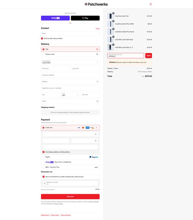 Patchwerks checkout page showing Patchwerks discount code box | Screenshot taken by SimplyCodes community member on Jun 15, 2025