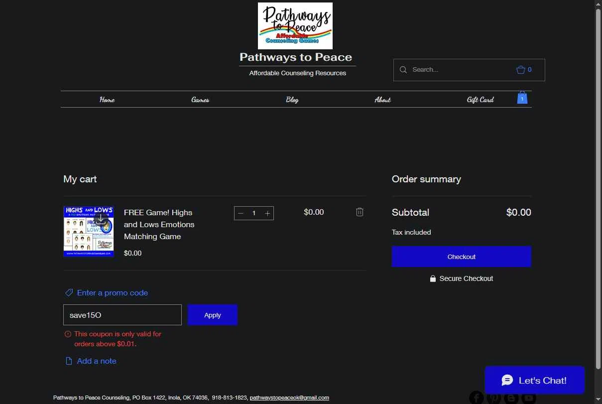 Pathways to Peace Counseling checkout page showing Pathways to Peace Counseling promo code box | Screenshot taken by SimplyCodes community member on Feb 20, 2026