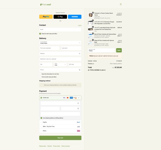 Patiowell checkout page showing Patiowell coupon code box | Screenshot taken by SimplyCodes community member on Aug 31, 2025
