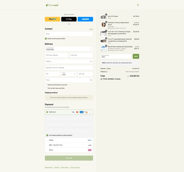 Patiowell checkout page showing Patiowell coupon code box | Screenshot taken by SimplyCodes community member on Sep 4, 2025