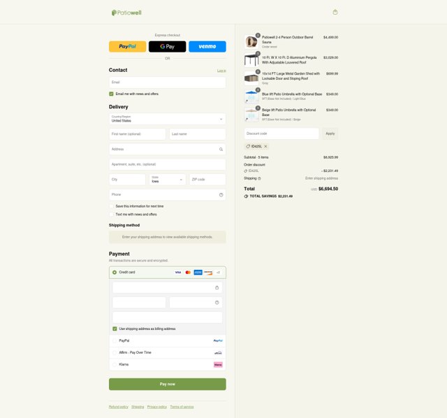 Patiowell checkout page showing Patiowell coupon code box | Screenshot taken by SimplyCodes community member on Aug 31, 2025