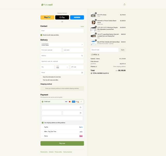 Patiowell checkout page showing Patiowell coupon code box | Screenshot taken by SimplyCodes community member on Sep 4, 2025