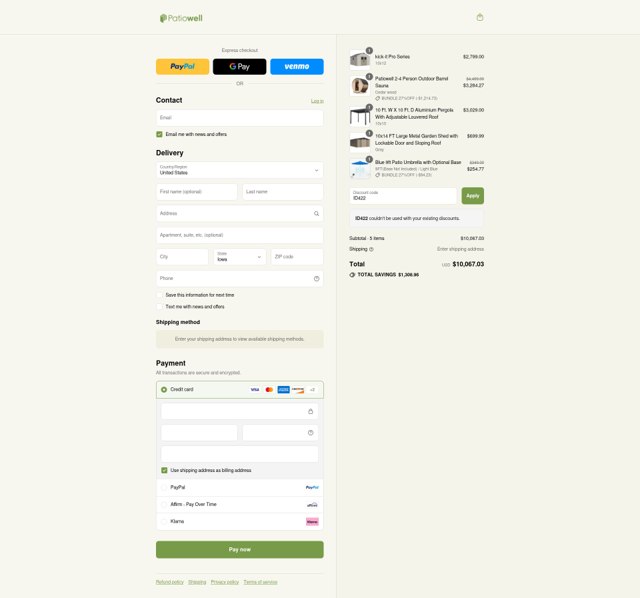 Patiowell checkout page showing Patiowell coupon code box | Screenshot taken by SimplyCodes community member on Sep 4, 2025