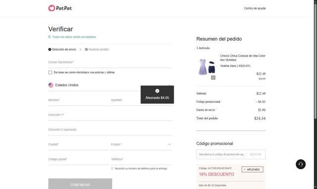 Patpat US checkout page showing Patpat US promo code box | Screenshot taken by SimplyCodes community member on Jul 31, 2025