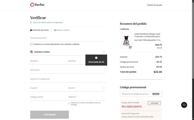 Patpat US checkout page showing Patpat US promo code box | Screenshot taken by SimplyCodes community member on Jul 28, 2025