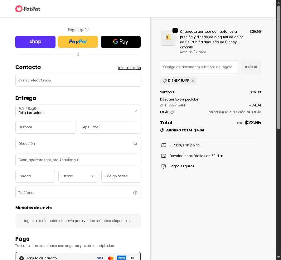Patpat US checkout page showing Patpat US promo code box | Screenshot taken by SimplyCodes community member on Oct 22, 2025