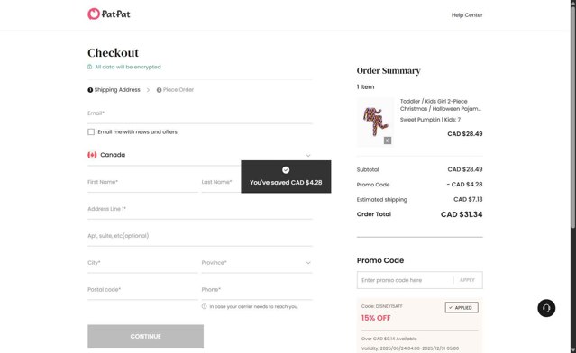 Patpat US checkout page showing Patpat US promo code box | Screenshot taken by SimplyCodes community member on Aug 15, 2025