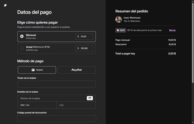 Patreon checkout page showing Patreon discount code box | Screenshot taken by SimplyCodes community member on Sep 6, 2025