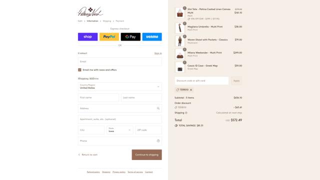 Patricia Nash checkout page showing Patricia Nash coupon code box | Screenshot taken by SimplyCodes community member on Sep 14, 2025