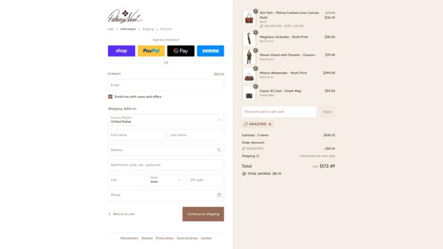 Patricia Nash checkout page showing Patricia Nash coupon code box | Screenshot taken by SimplyCodes community member on Sep 14, 2025