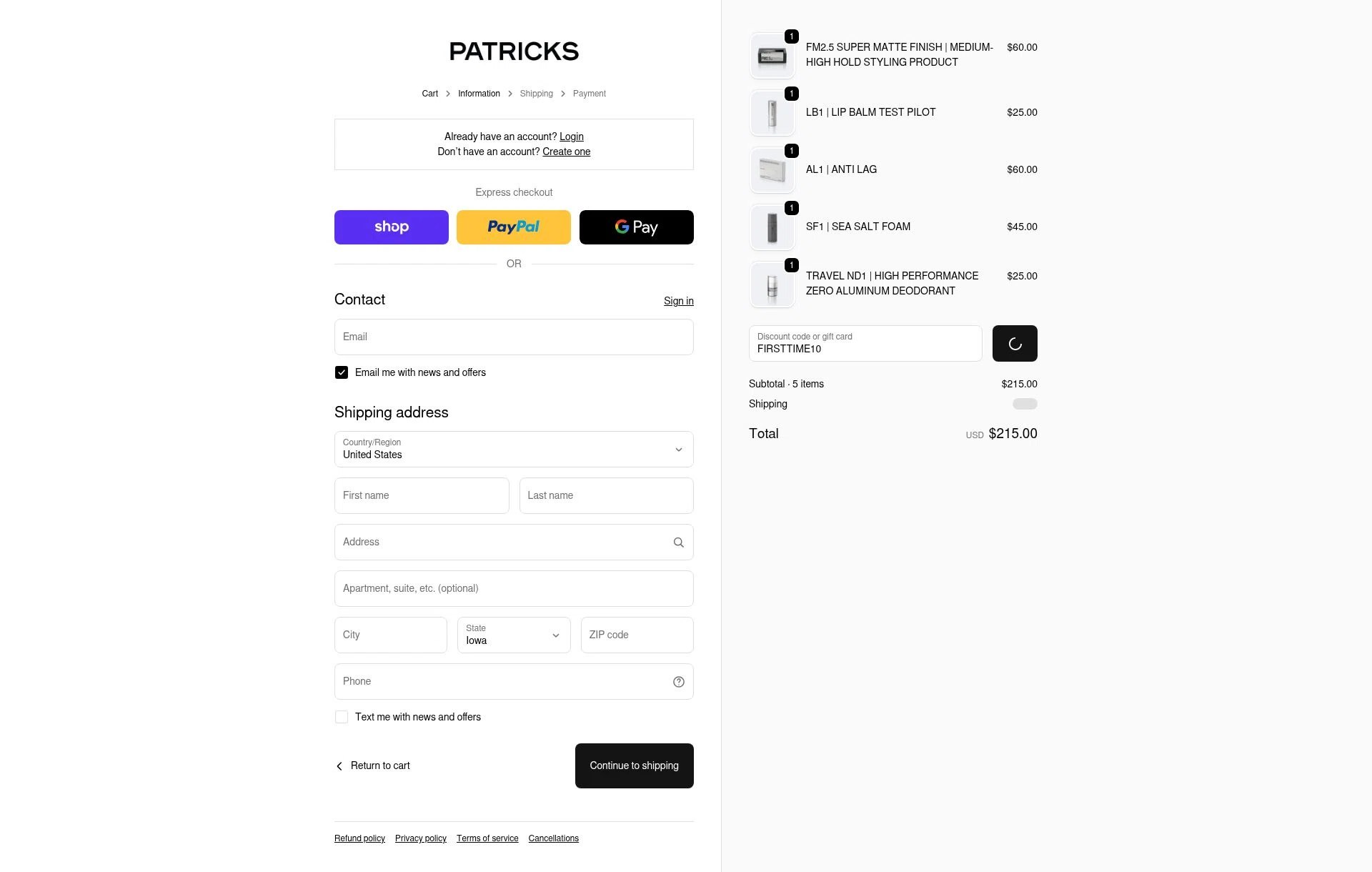 Patricks US checkout page showing Patricks US promo code box | Screenshot taken by SimplyCodes community member on Dec 29, 2025