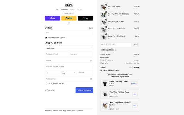 Patriot Crew checkout page showing Patriot Crew discount code box | Screenshot taken by SimplyCodes community member on Sep 12, 2025
