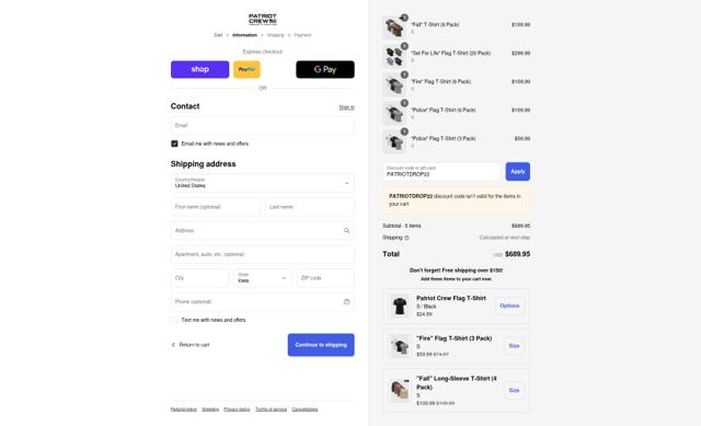 Patriot Crew checkout page showing Patriot Crew discount code box | Screenshot taken by SimplyCodes community member on Sep 12, 2025