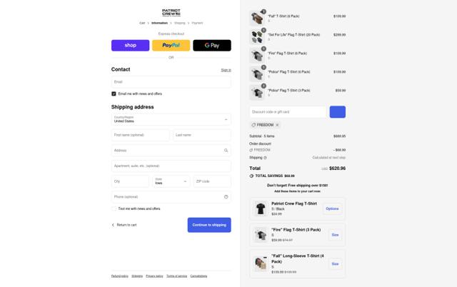 Patriot Crew checkout page showing Patriot Crew discount code box | Screenshot taken by SimplyCodes community member on Sep 12, 2025