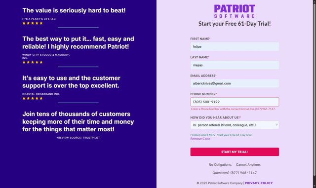 Patriot Software checkout page showing Patriot Software promo code box | Screenshot taken by SimplyCodes community member on Jul 3, 2025