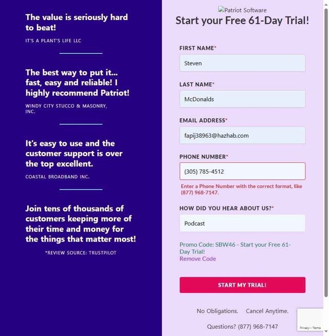 Patriot Software checkout page showing Patriot Software promo code box | Screenshot taken by SimplyCodes community member on May 18, 2025