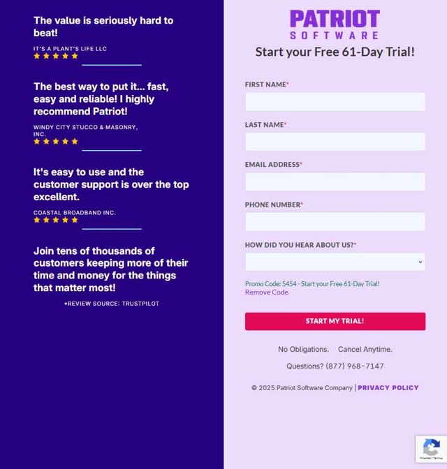 Patriot Software checkout page showing Patriot Software promo code box | Screenshot taken by SimplyCodes community member on Jun 6, 2025