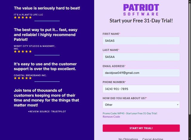 Patriot Software checkout page showing Patriot Software promo code box | Screenshot taken by SimplyCodes community member on May 30, 2025