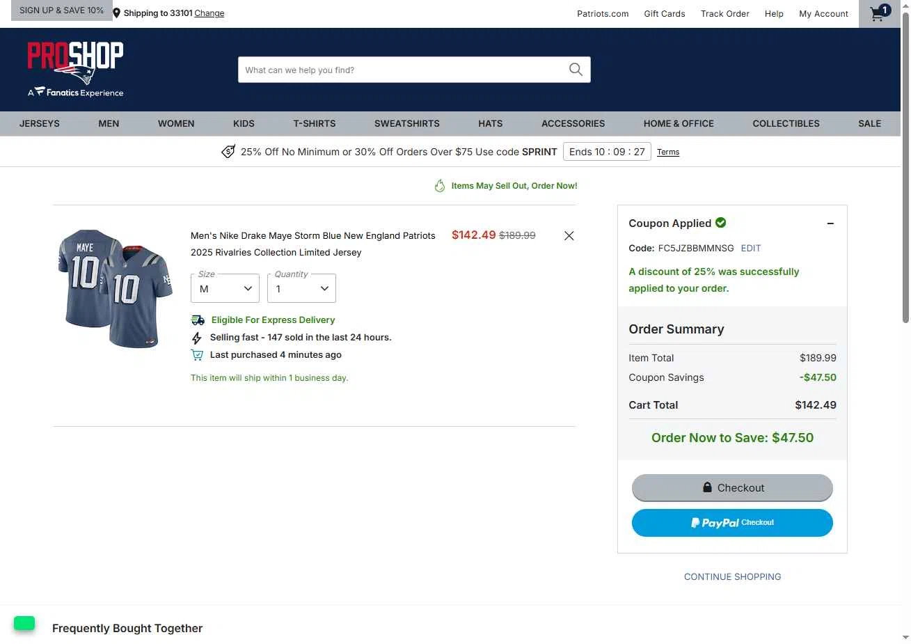 Patriots ProShop checkout page showing Patriots ProShop promo code box | Screenshot taken by SimplyCodes community member on Oct 13, 2025