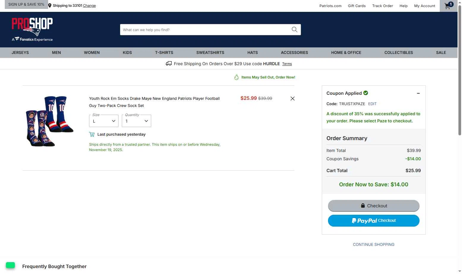 Patriots ProShop checkout page showing Patriots ProShop promo code box | Screenshot taken by SimplyCodes community member on Nov 12, 2025