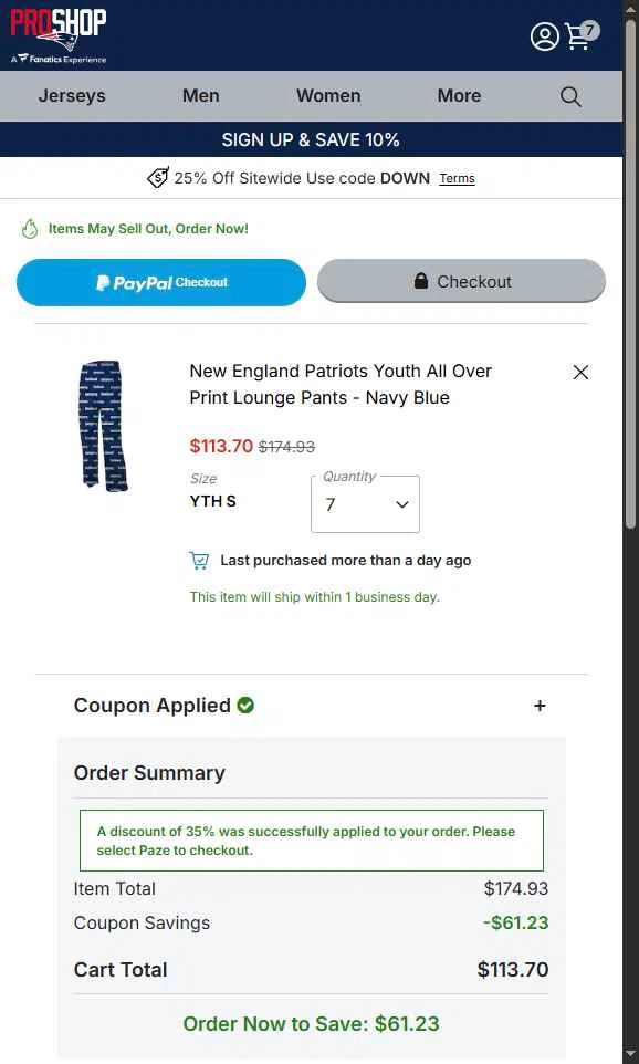 Patriots ProShop checkout page showing Patriots ProShop promo code box | Screenshot taken by SimplyCodes community member on Oct 22, 2025