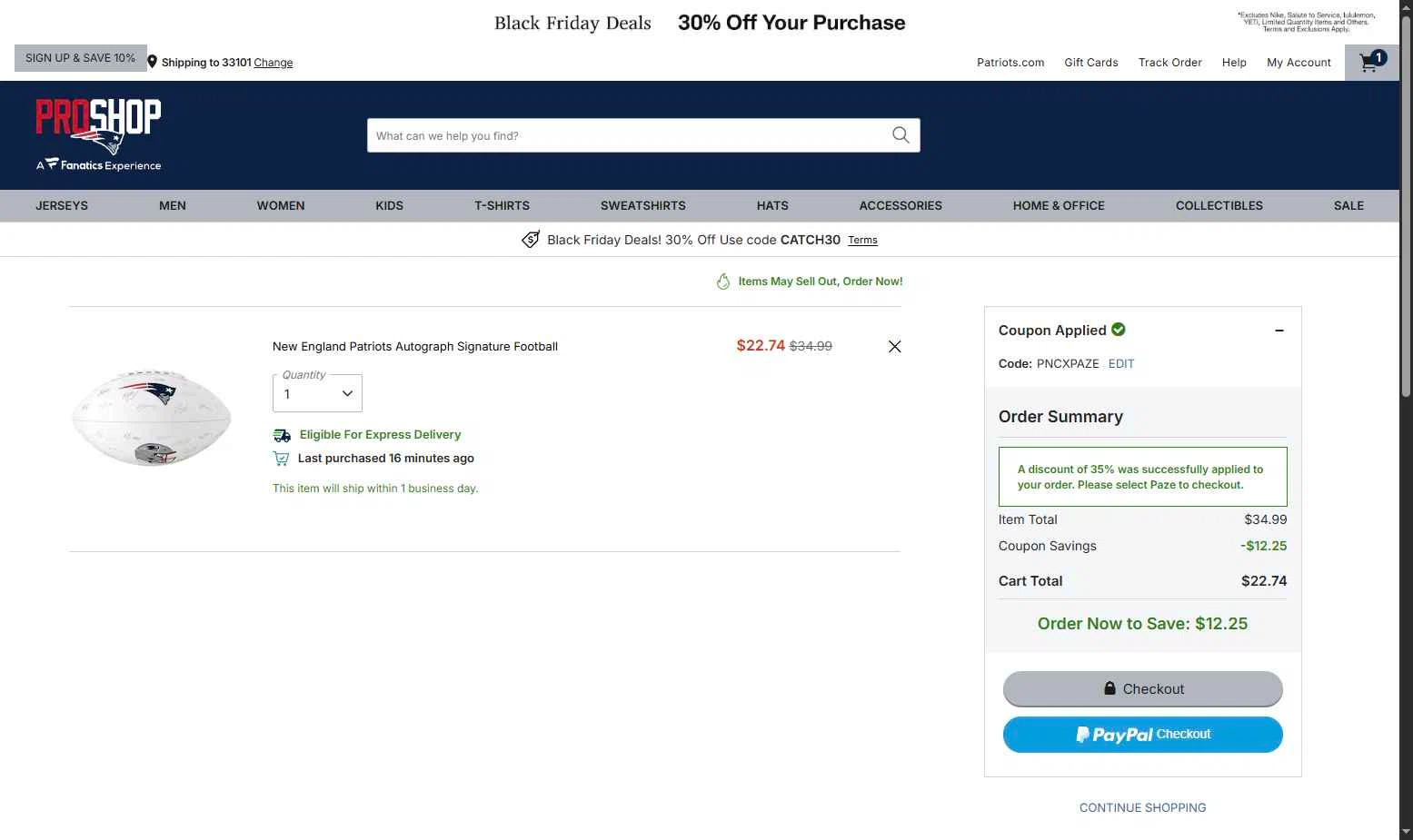 Patriots ProShop checkout page showing Patriots ProShop promo code box | Screenshot taken by SimplyCodes community member on Nov 20, 2025